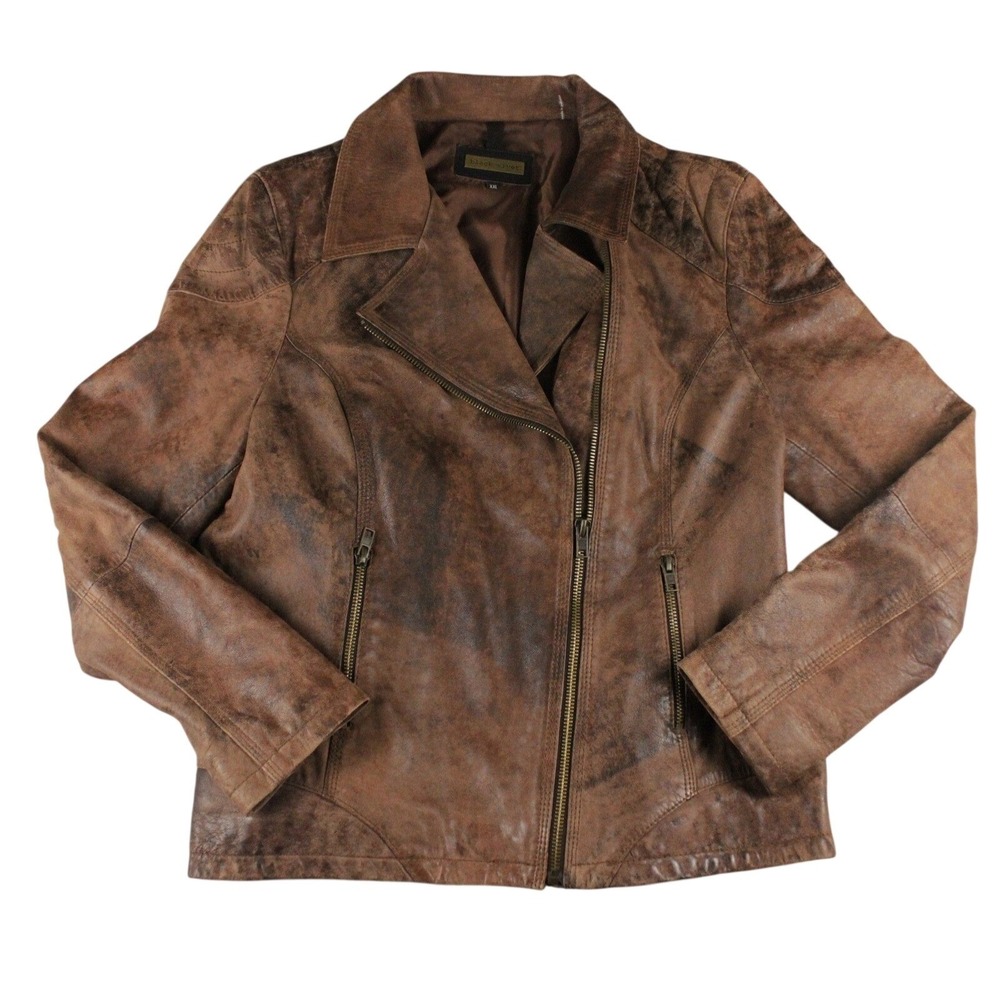 Black Rivet Womens XXL Distressed Brown Genuine Leather Biker Moto Jacket